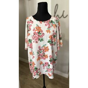 Ann Taylor Orange White Floral Short Sleeve Top Flowy Blouse Shirt Size Large
